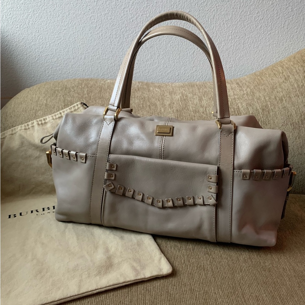 Burberry Y2K Leather Duffel Bag in Beige with Gold Accents